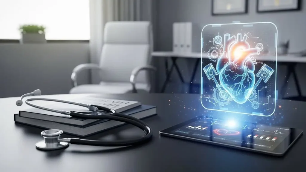 Professional medical desk with heart health icons representing penile health maintenance