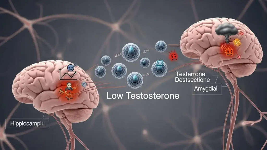 Scientific illustration of hormones and neurons, explaining is low testosterone linked to depression in men.