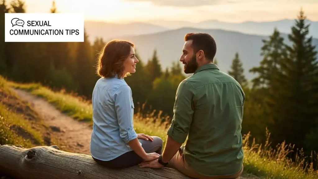Sexual communication tips showing couple having meaningful conversation while hiking together