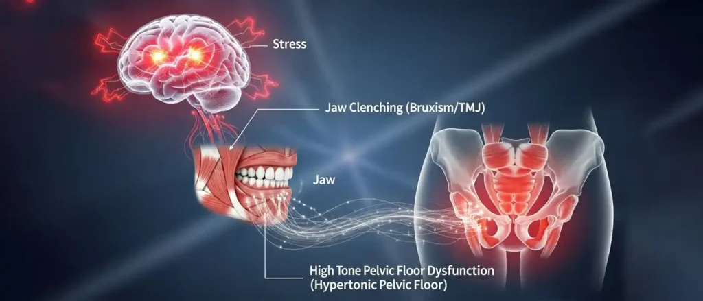 The connection between stress, jaw clenching, and High Tone Pelvic Floor Dysfunction.