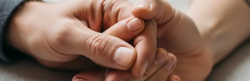 Two hands holding gently in a non-demand environment, representing simple intimacy and connection