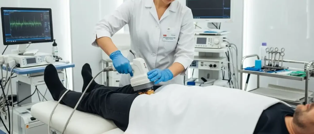 Urologist performing low-intensity shockwave therapy for ED in modern clinic