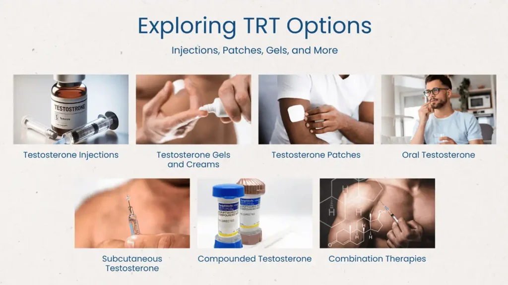 Various testosterone replacement therapy options including injections and gels.