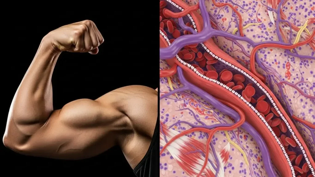 Visual comparison between bicep muscle health and penile tissue health.