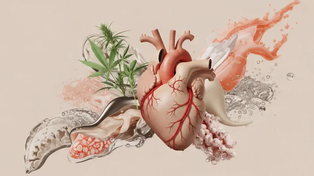 Digital art illustrating the circulatory connection between the heart and the male pelvic region, symbolizing vascular health.