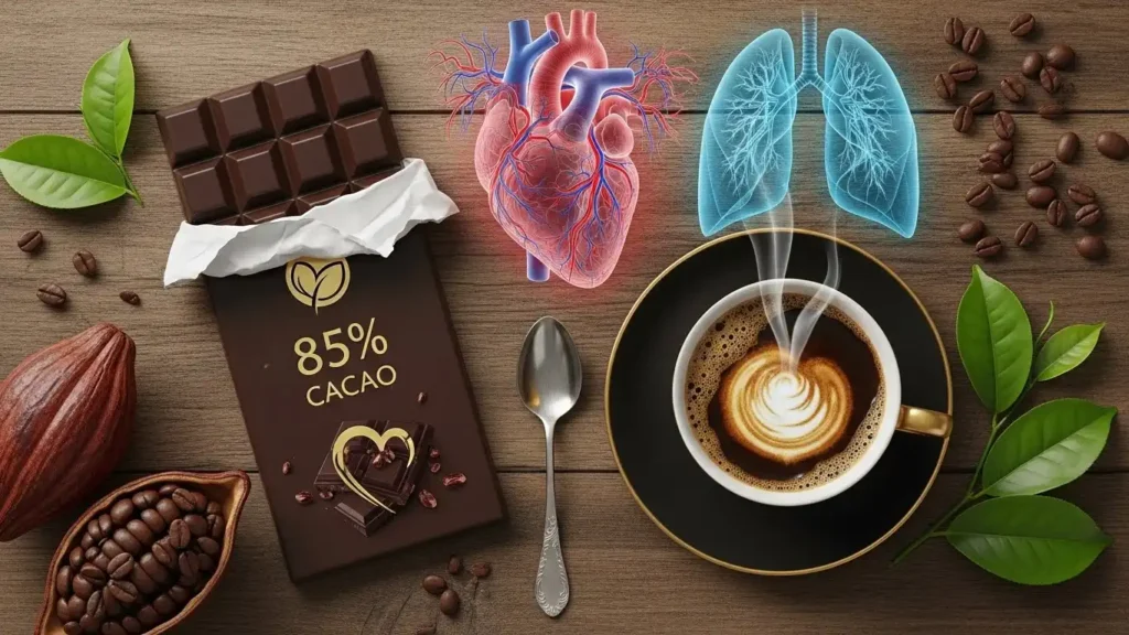 85% dark chocolate and coffee for vascular and respiratory health.