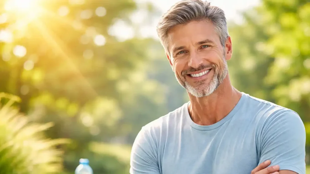 A man over 50 smiling confidently, with a background emphasizing vitality and wellness. (Benefits of Tadalafil after 50 years)