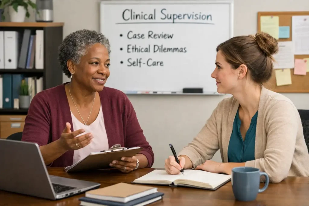 A mentor providing clinical supervision to a new social worker.