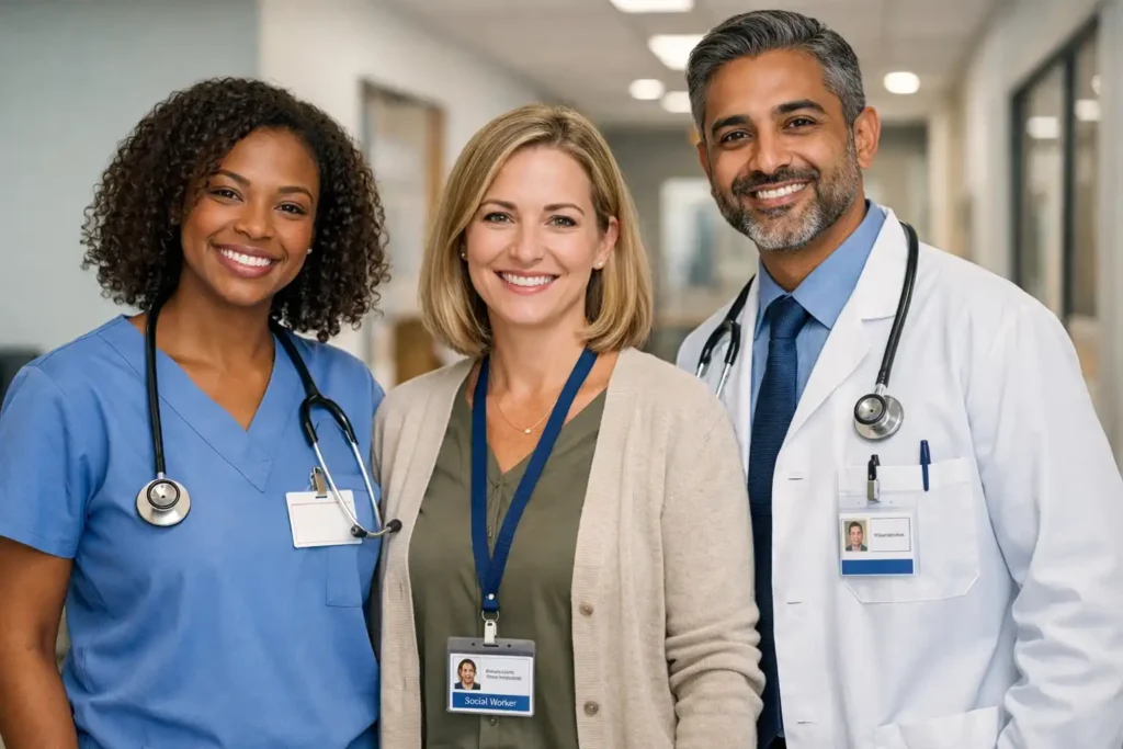 A multidisciplinary behavioral health team collaborating at a medical center.
