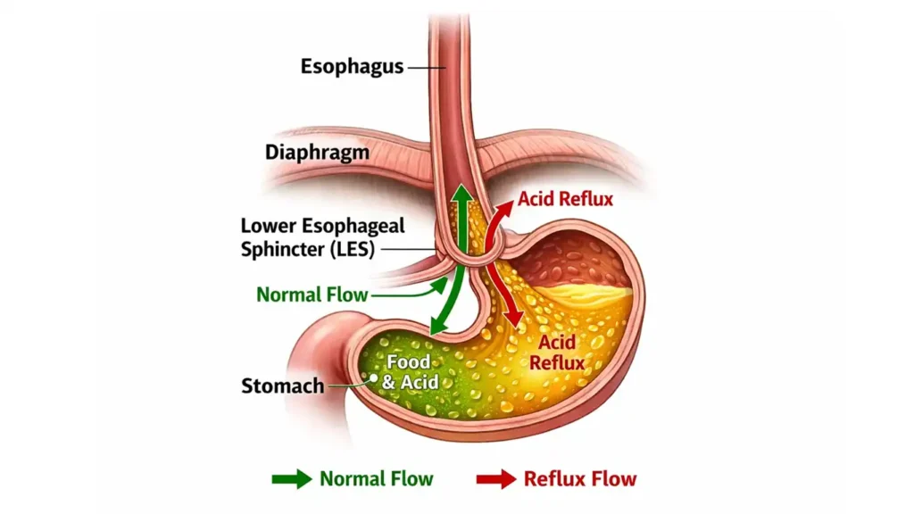 Anatomical diagram of GERD showing stomach acid flowing backward into esophagus through weak valve. (can you die from acid reflux in your sleep)