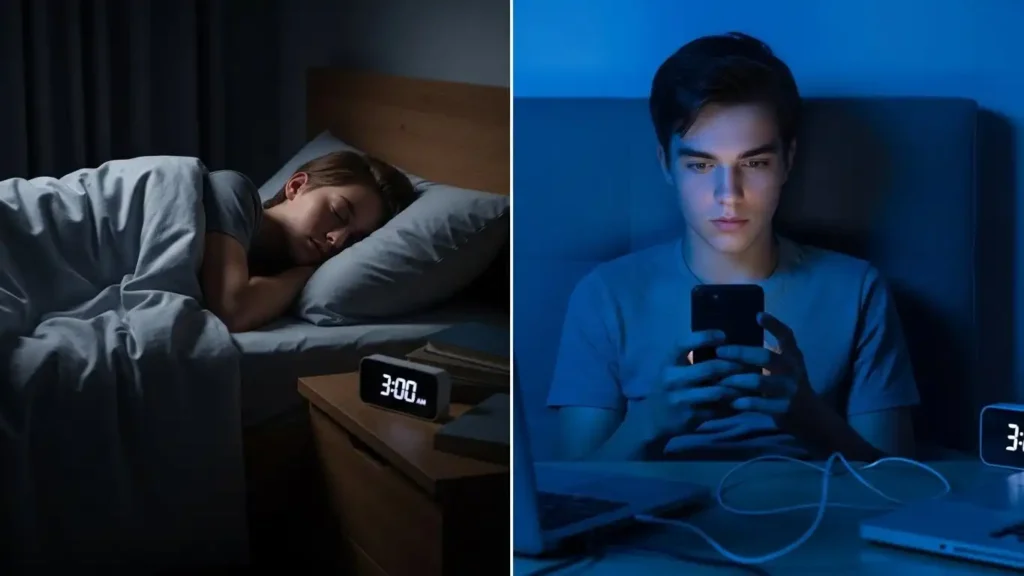 Comparison of healthy sleep vs sleep disrupted by blue light and phone use