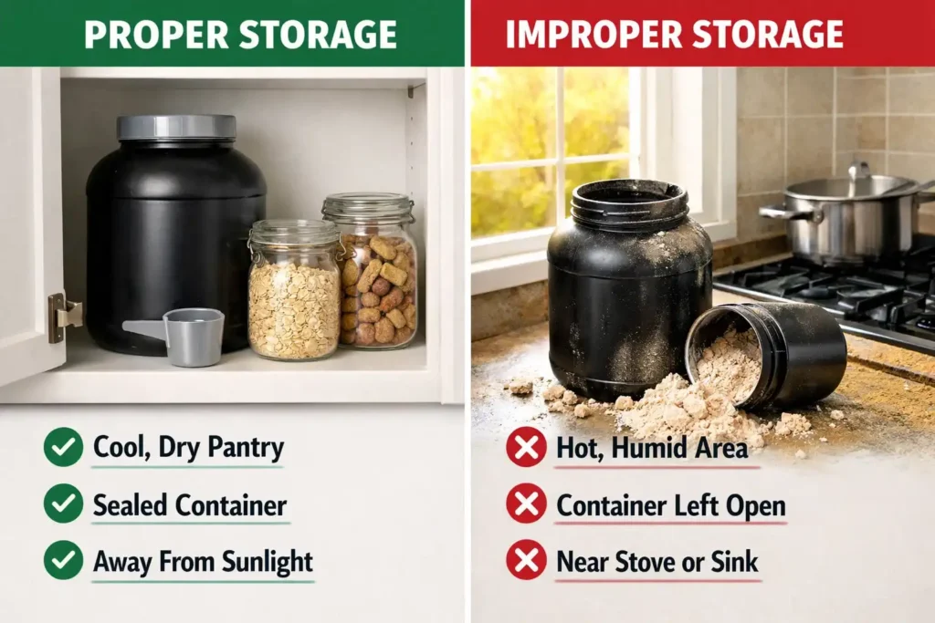 Comparison of proper and improper protein powder storage locations. Can Protein Powder Go Bad?