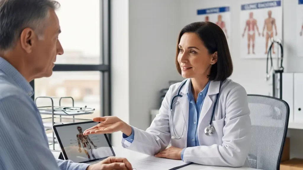 Consulting with a healthcare provider about tadalafil and ED treatment. (Benefits of Tadalafil after 50 years)