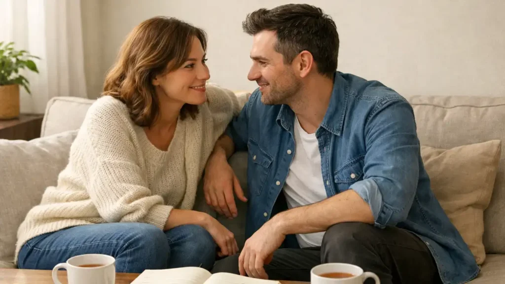 Couple having a supportive talk about sexual health and intimacy. (how to make a girl orgasm)