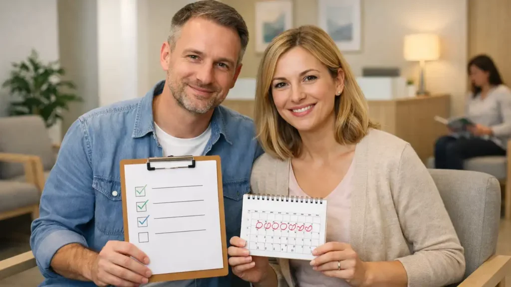Couple reviewing IVF cost breakdown checklist during endometriosis fertility planning. (how much does ivf cost with endometriosis what to budget for)