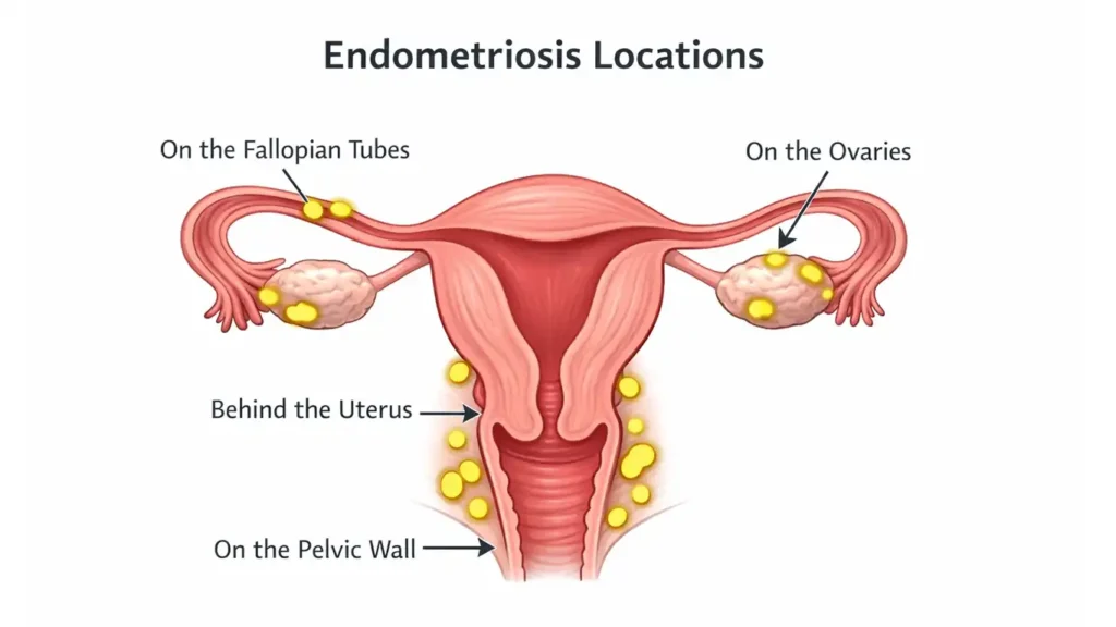Diagram showing common endometriosis locations near ovaries tubes bladder and bowel. (how much does ivf cost with endometriosis what to budget for)