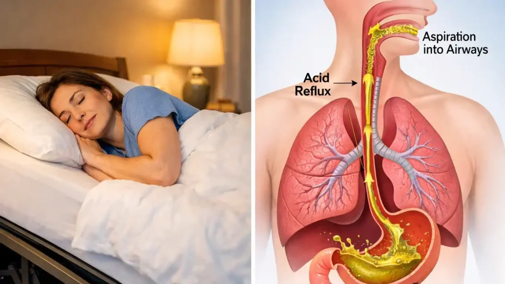 Diagram showing how acid reflux can cause aspiration pneumonia during sleep with proper sleeping position prevention. (can you die from acid reflux in your sleep)