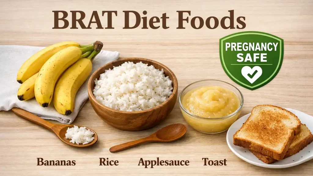 First trimester diarrhea safe foods showing BRAT diet for pregnancy gastrointestinal symptoms. (is diarrhea a symptom of pregnancy)