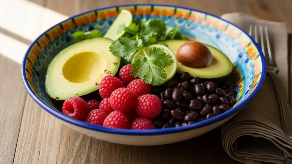 High fiber foods like avocado and berries that support lung health.