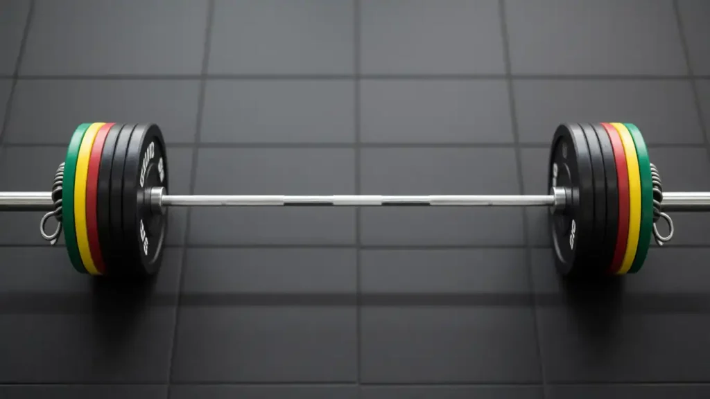 How much does a barbell weigh - 45 lb Olympic barbell with 20 kg marking and loaded plates. (How Much Does a Barbell Weigh)