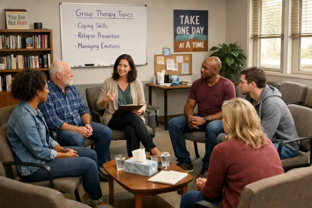 Intensive outpatient group therapy session setting.