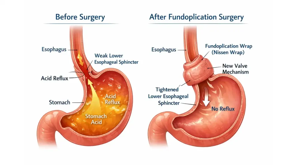 Laparoscopic fundoplication surgery diagram showing how stomach is wrapped around esophagus to prevent acid reflux. (can you die from acid reflux in your sleep)