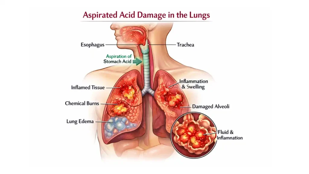 Medical illustration showing how acid reflux aspiration causes pneumonia and lung damage during sleep. (can you die from acid reflux in your sleep)