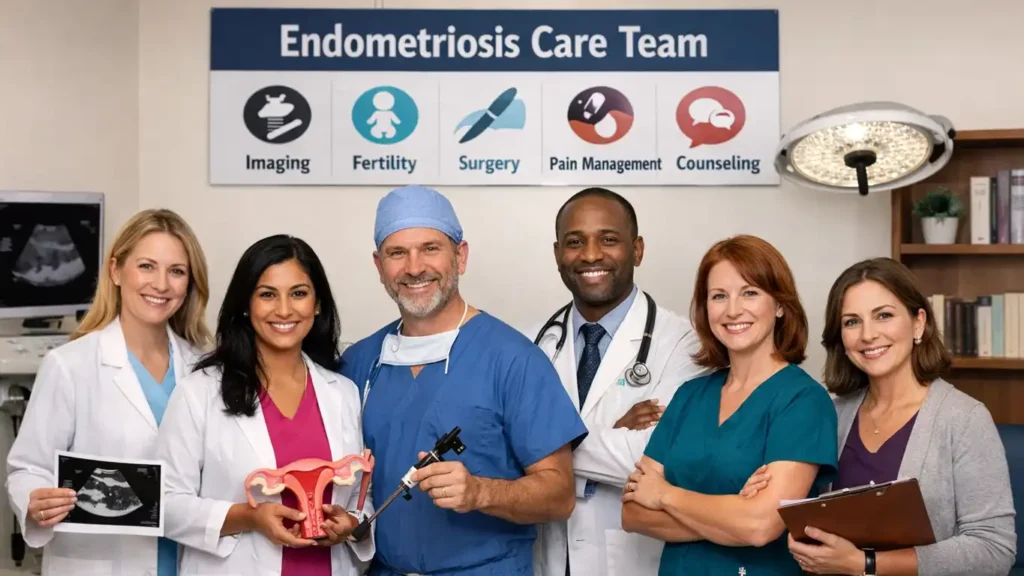 Multidisciplinary endometriosis care team including imaging fertility surgery pain and counseling. (how much does ivf cost with endometriosis what to budget for)