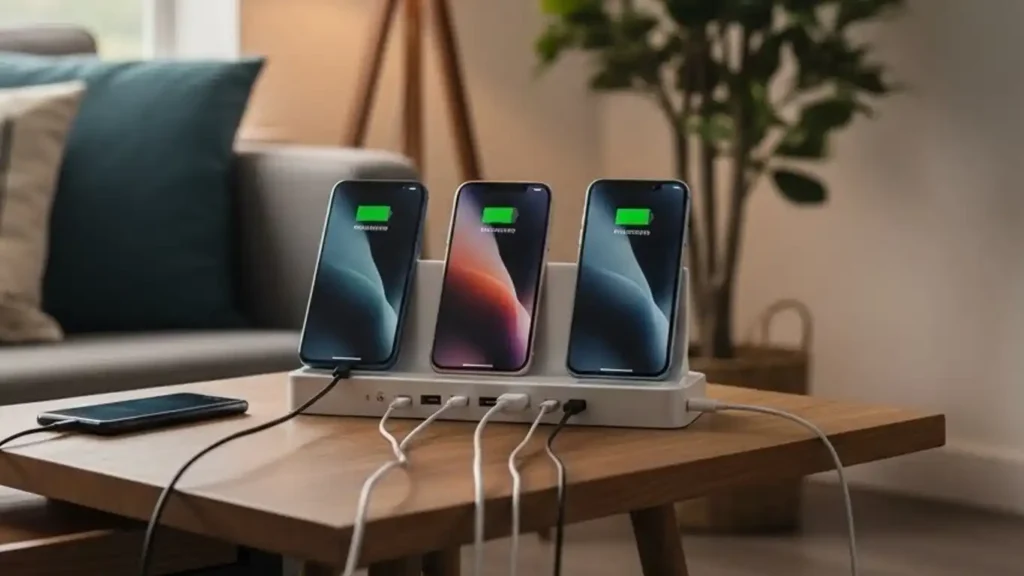 Phones charging outside the bedroom to improve mental health and sleep.