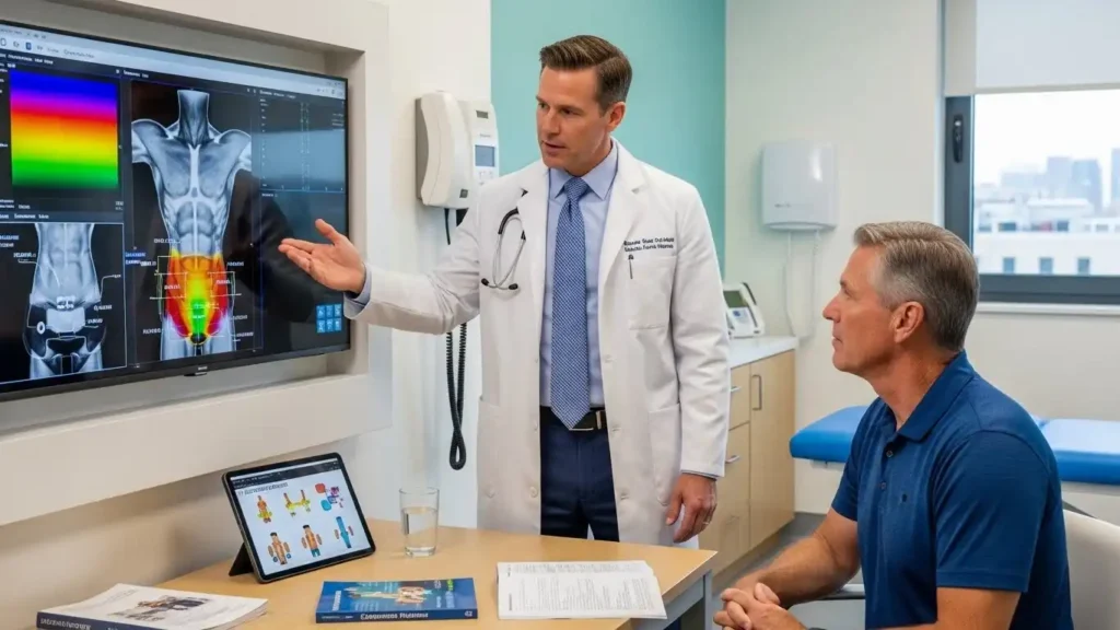 Physician discussing precision prostate cancer exercise prescription using body composition scans.