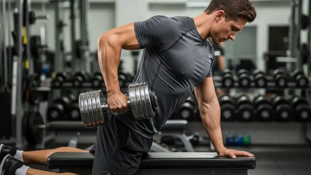 Proper technique for single-arm dumbbell row showing lat engagement and controlled movement