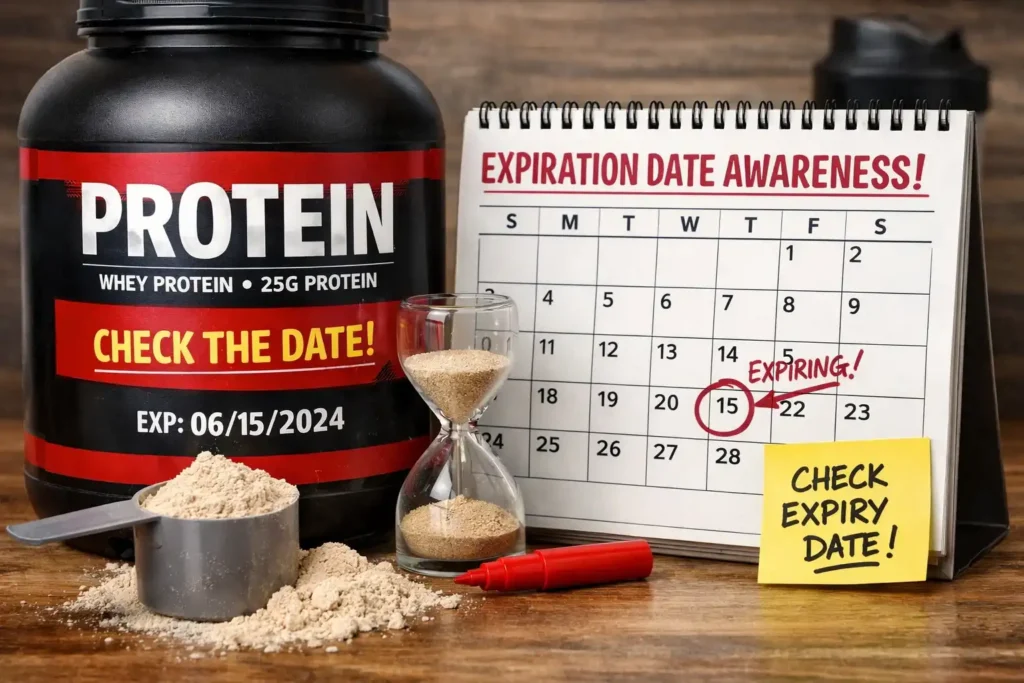 Protein powder and calendar highlighting expiration date awareness. Can Protein Powder Go Bad?