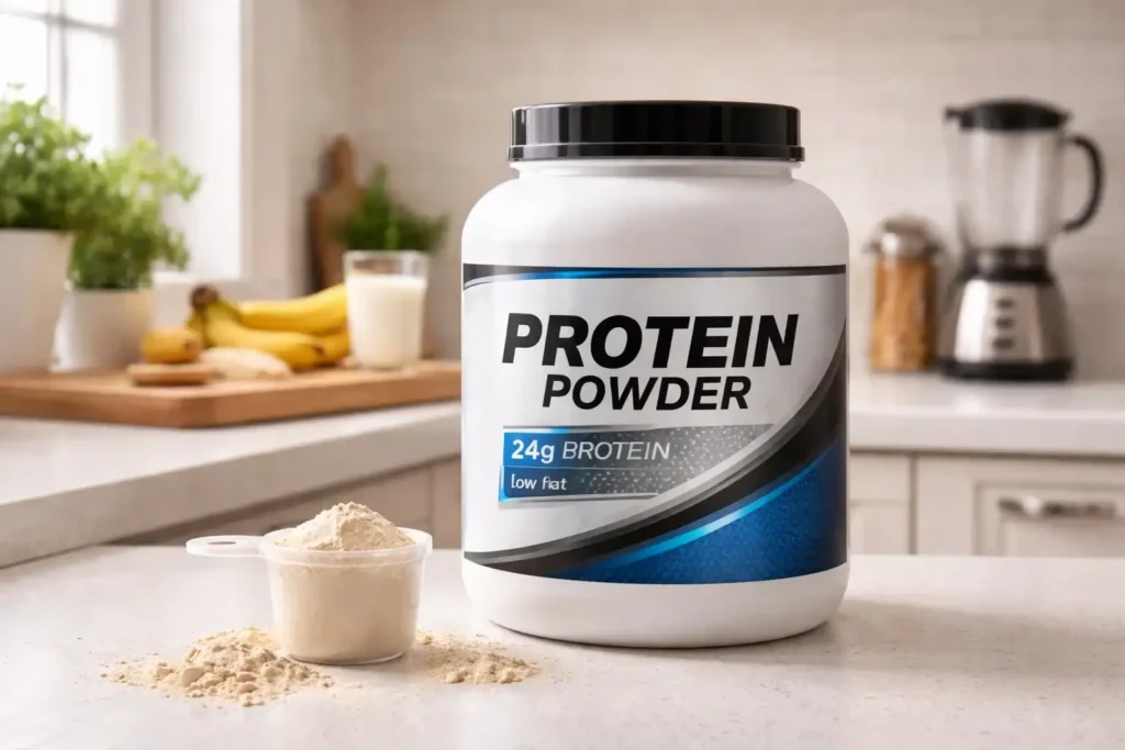 Protein powder tub and scoop on a kitchen counter showing safe storage context. Can Protein Powder Go Bad?