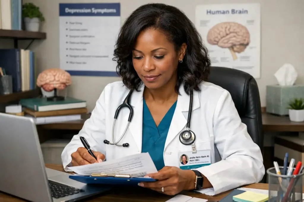 Psychiatric mental health nurse practitioner reviewing clinical notes.