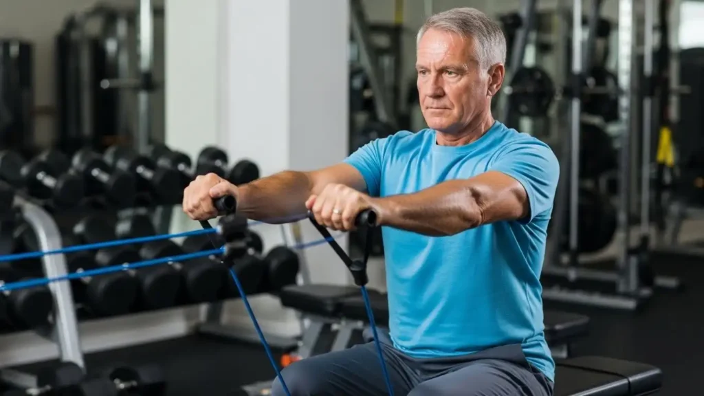 Senior man performing prostate cancer exercise resistance training to release anti-cancer myokines.