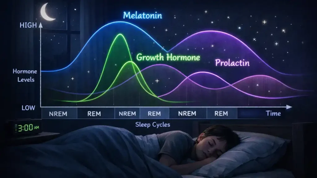 Sleep hormone production melatonin growth hormone prolactin menstrual health cortisol reduction nighttime restoration
