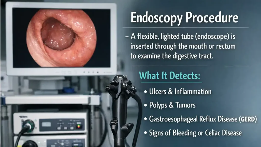 Upper GI endoscopy equipment used to diagnose GERD severity Barrett's esophagus and esophageal cancer. (can you die from acid reflux in your sleep)