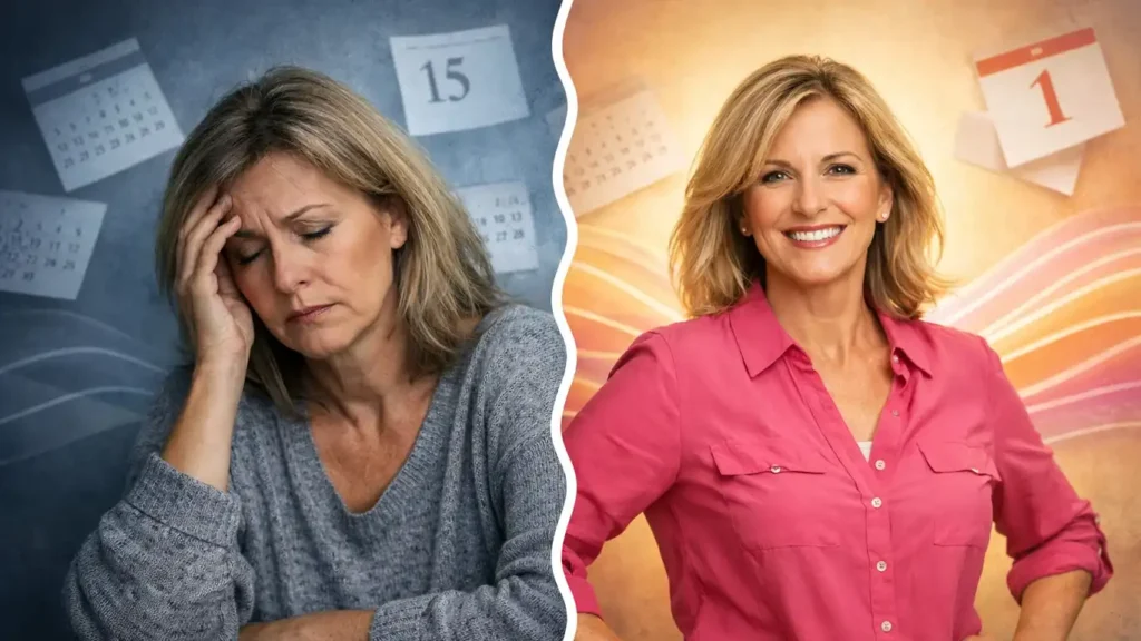 Woman transitioning through menopause phases showing journey from symptoms to postmenopausal confidence. what signals the end of menopause)